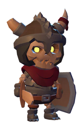 A horned skeleton with glowing eyes, a sword and a shield